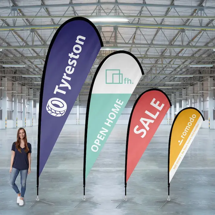 Four flag banners of different sizes