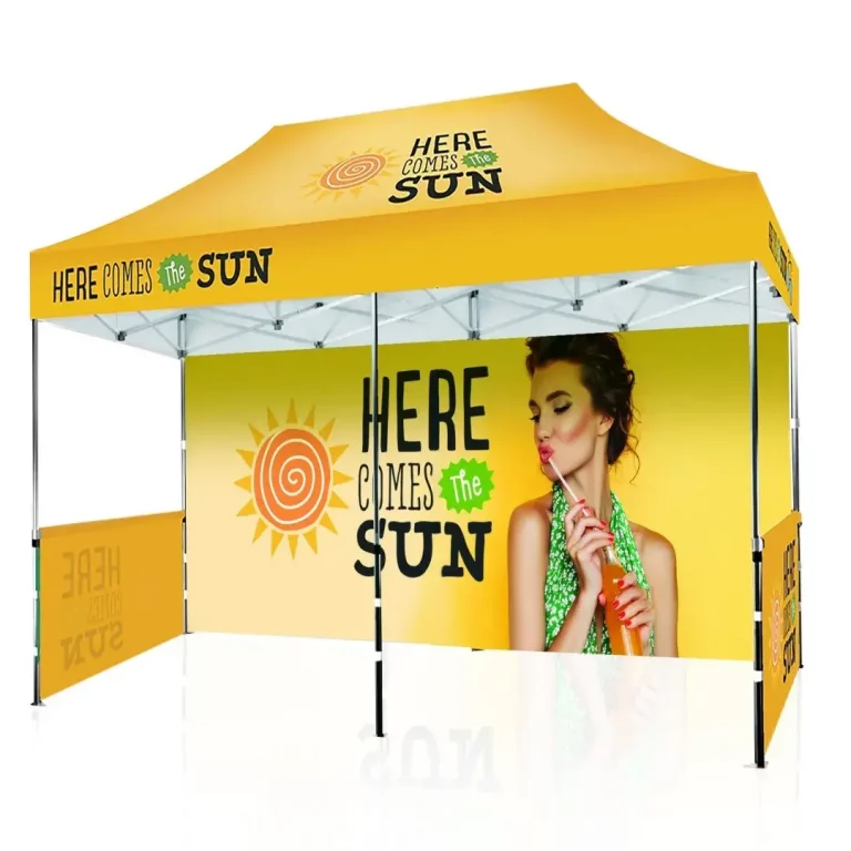 large printed trade show tent with back and side walls