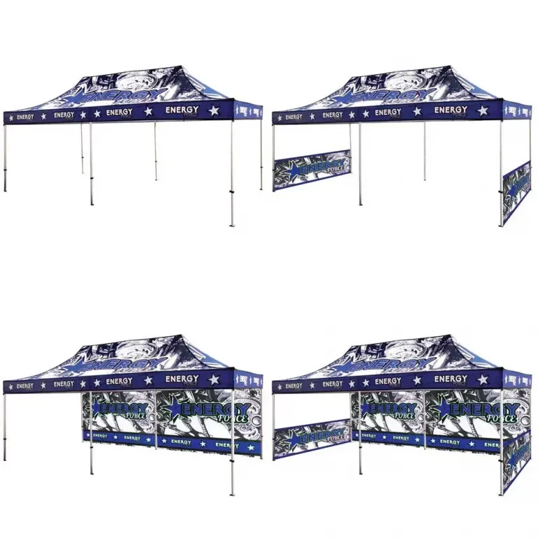 four blue trade show tents with different options